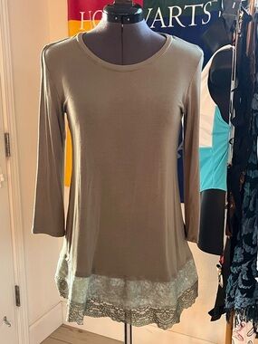 LOGO by Lori Goldstein Olive Green Lace-Hem Tunic